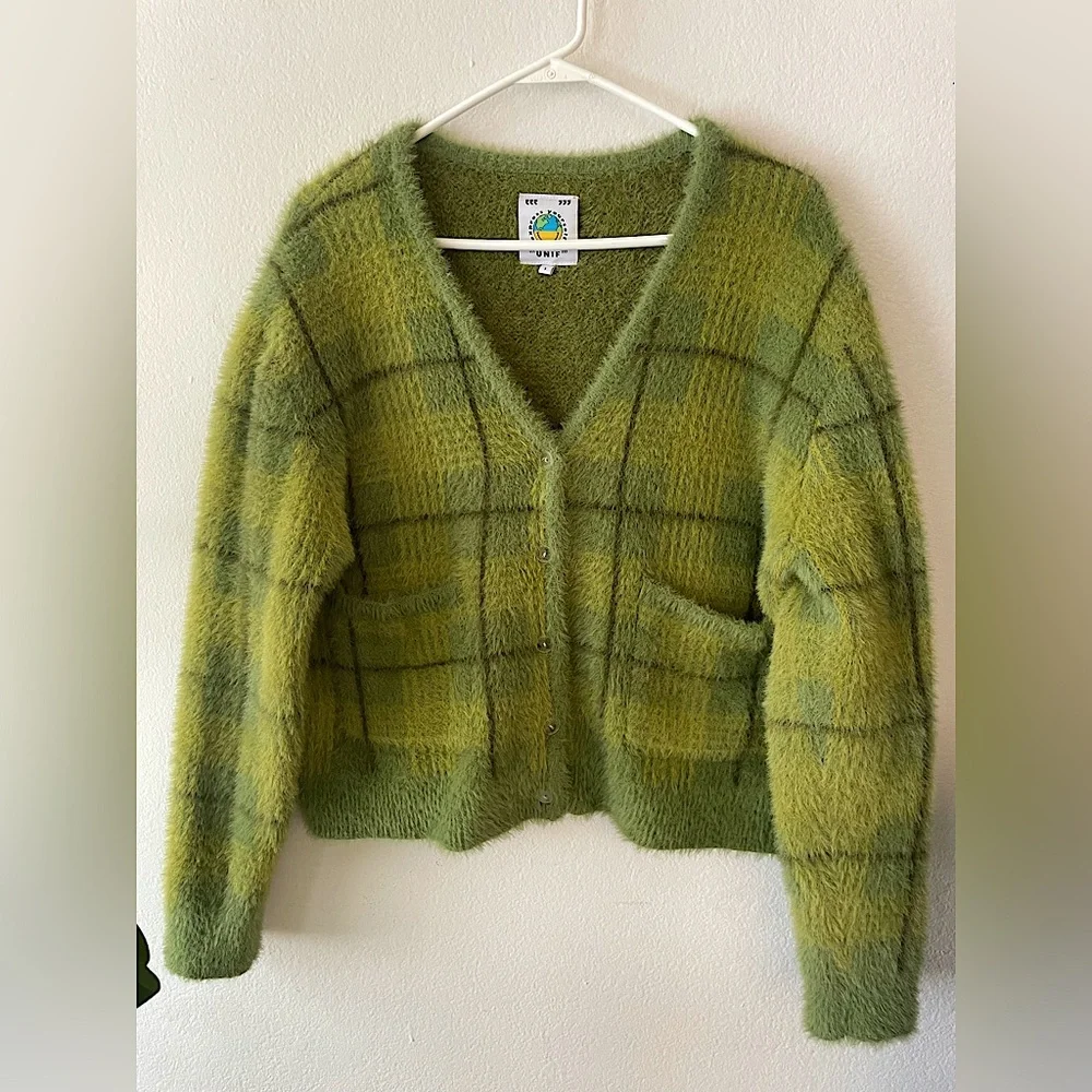 UNIF Green Plaid Cardigan Sweater Women’s Size Small - Picture 2 of 9